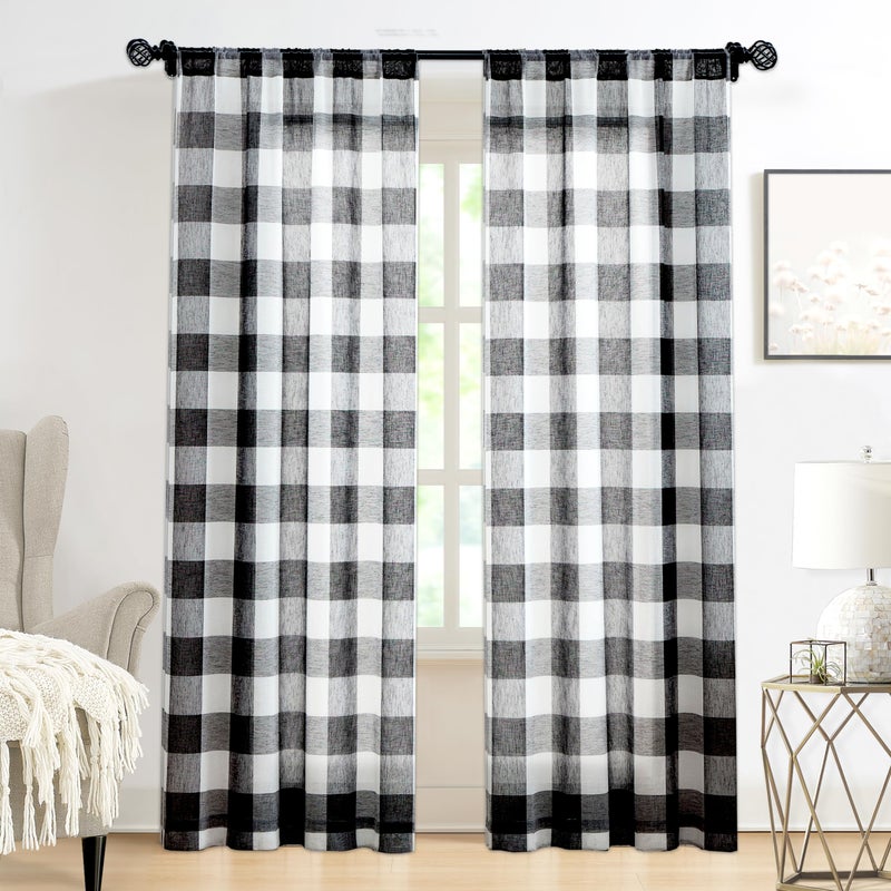 Amzdecor Black Buffalo Plaid Curtains 63 Inch Linen Textured Sheer Panels Buffalo Check Plaid Rod Pocket Rustic Window Treatment Sets for Living Room Bedroom Farmhouse,2 Panels,40'x63'',Black/White - Image 1